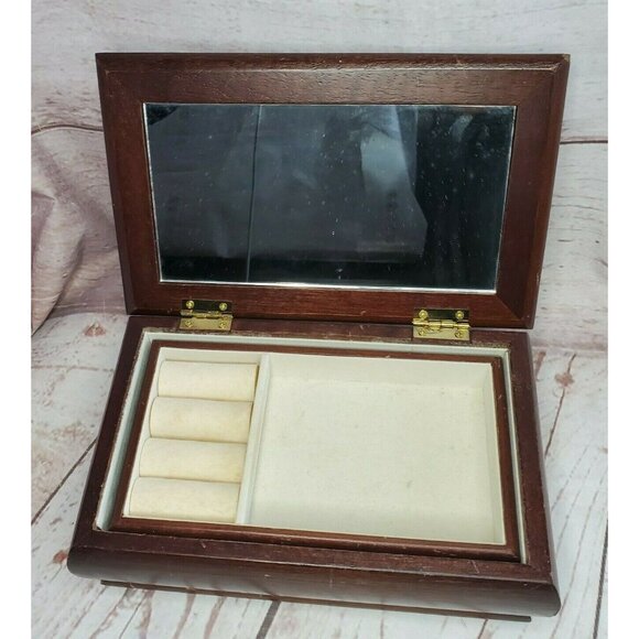 Vintage Brocade Fabric Velvet Lining Mirror 2 Tier Wooden Ring & Jewelry Box - Picture 3 of 12
